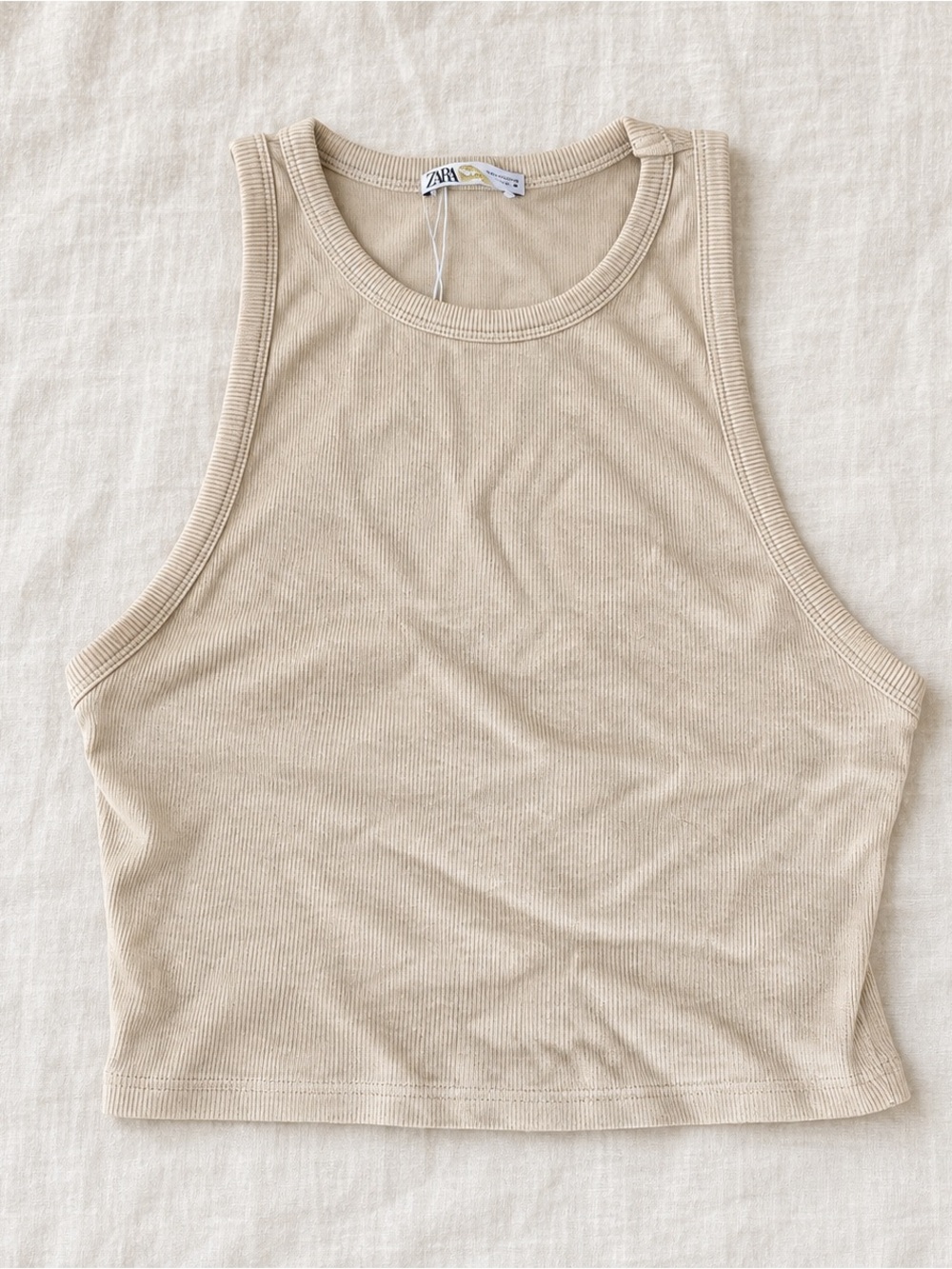 Zara Beige Ribbed Cropped Tank Top High Neck Size Large